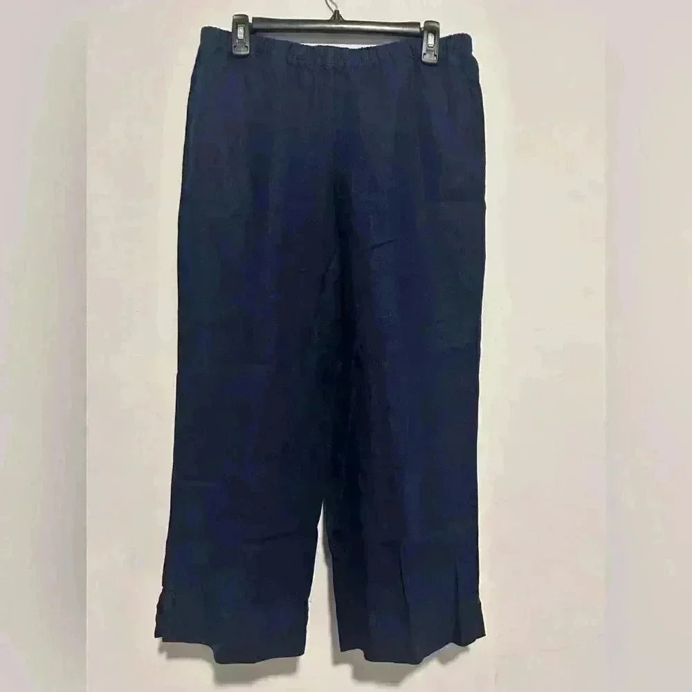 J.Jill Womens Linen Wide Leg Pull On Crop Pants Blue Size S